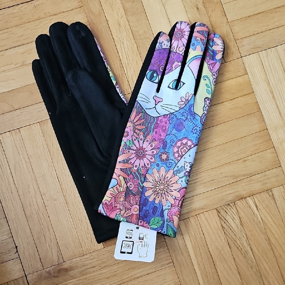 Women's Fleece Colorful Cat Design Gloves